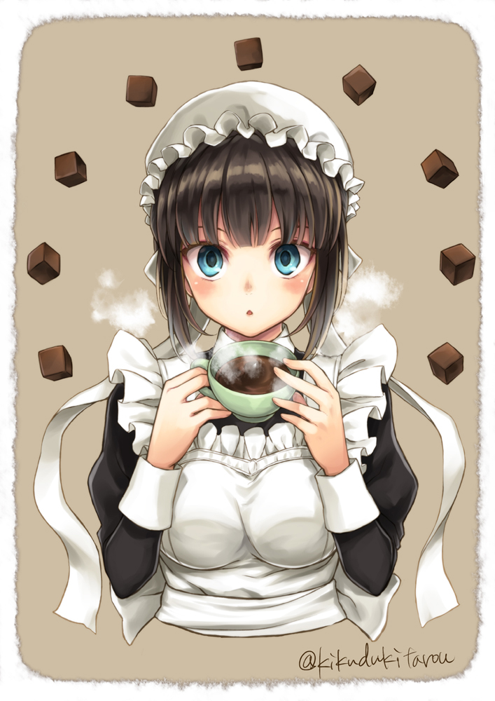 1girl black_hair blue_eyes blush breasts brown_background chocolate cup holding holding_cup kikuzuki_tarou looking_at_viewer maid maid_cap medium_breasts meiji_(brand) open_mouth original solo steam twitter_username upper_body valentine