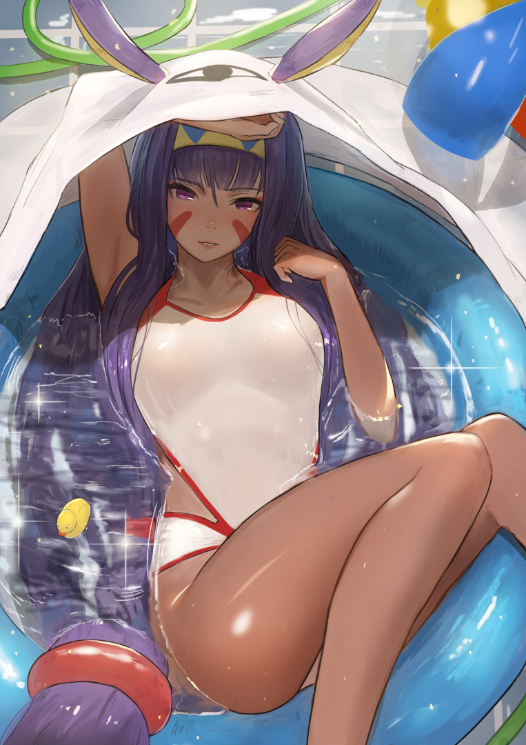 1girl animal_ears arm_up armpits bangs blunt_bangs blush breasts dark_skin eyeliner facial_mark fate/grand_order fate_(series) from_above hairband highleg highleg_swimsuit large_breasts long_hair looking_at_viewer lying makeup medjed nitocris_(fate/grand_order) nitocris_(swimsuit_assassin)_(fate) on_back one-piece_swimsuit parted_lips partially_submerged purple_hair reido_(reido_c) rubber_duck solo swimsuit very_long_hair violet_eyes wading_pool wet white_swimsuit