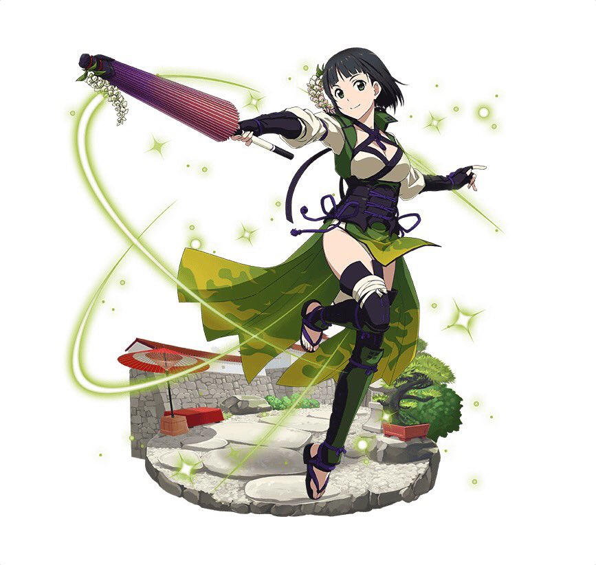 1girl black_eyes black_gloves black_hair black_legwear breasts cleavage closed_umbrella collarbone fingerless_gloves full_body gloves holding holding_umbrella japanese_clothes kirigaya_suguha looking_at_viewer medium_breasts ninja one_leg_raised oriental_umbrella purple_umbrella short_hair simple_background smile solo sword_art_online thigh-highs umbrella white_background