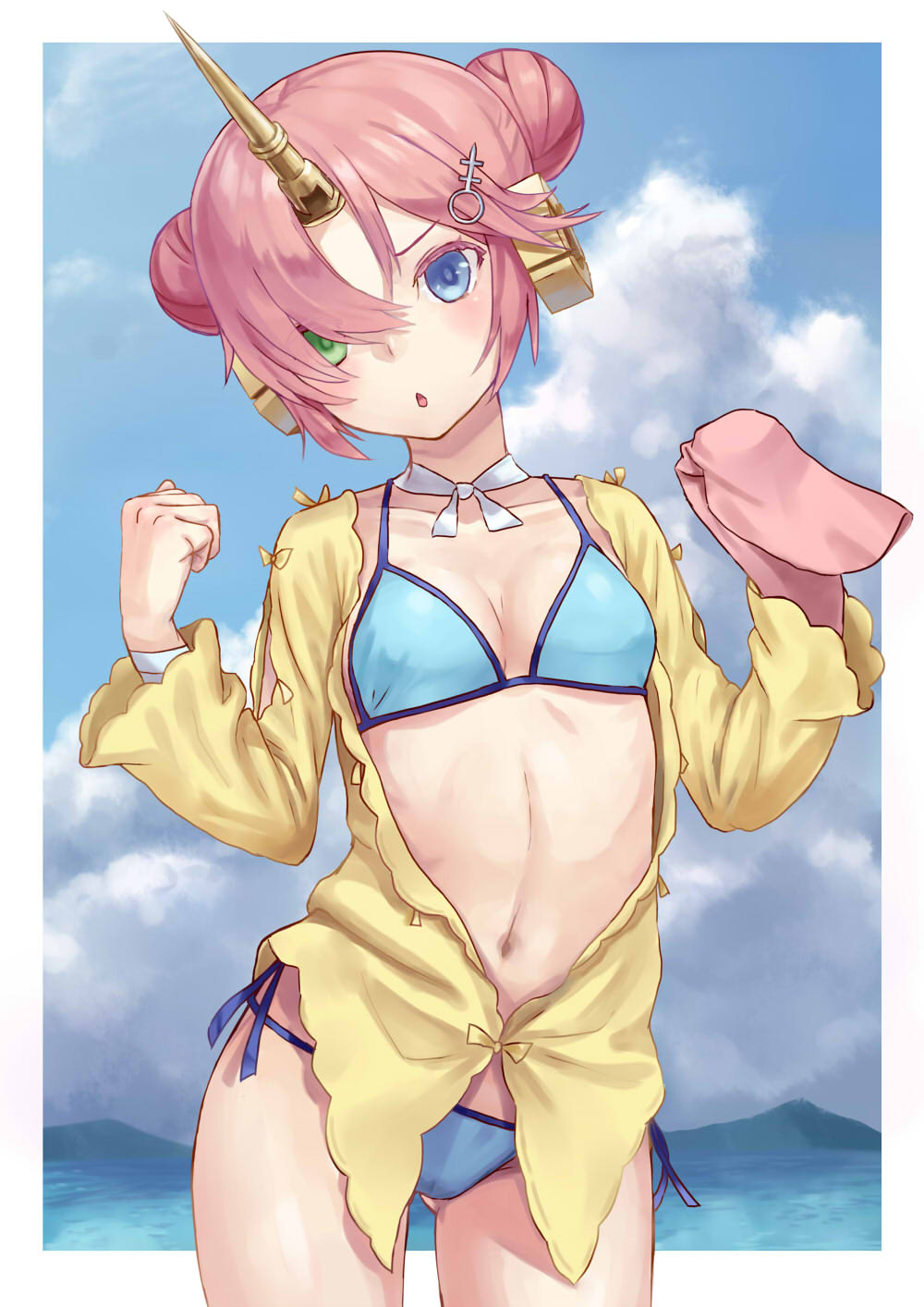 1girl :o bandage bandaged_arm berserker_of_black bikini blue_bikini blue_eyes blue_sky breasts chestnut_mouth contrapposto cowboy_shot doonatsu. double_bun fate/grand_order fate_(series) frankenstein's_monster_(swimsuit_saber)_(fate) gluteal_fold green_eyes hair_ornament hairpin head_tilt heterochromia highres horn long_sleeves looking_at_viewer navel open_clothes open_shirt outside_border pink_hair shirt side-tie_bikini sky small_breasts solo swimsuit yellow_shirt