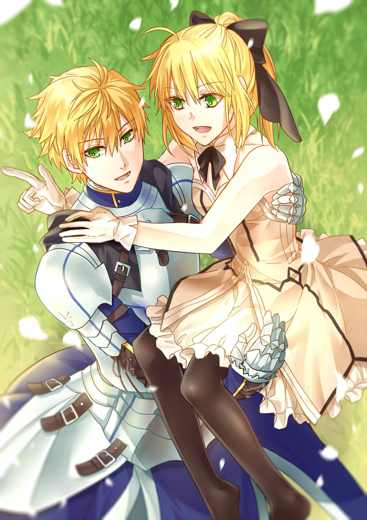 1boy 1girl :d armor artoria_pendragon_(all) bangs bare_shoulders black_bow black_legwear blonde_hair bow breasts carrying dress dual_persona fate/prototype fate/stay_night fate/unlimited_codes fate_(series) full_armor green_eyes hair_between_eyes hair_bow highres long_hair open_mouth pantyhose petals ponytail princess_carry saber_(fate/prototype) saber_lily short_hair small_breasts smile standing white_dress yuu+1