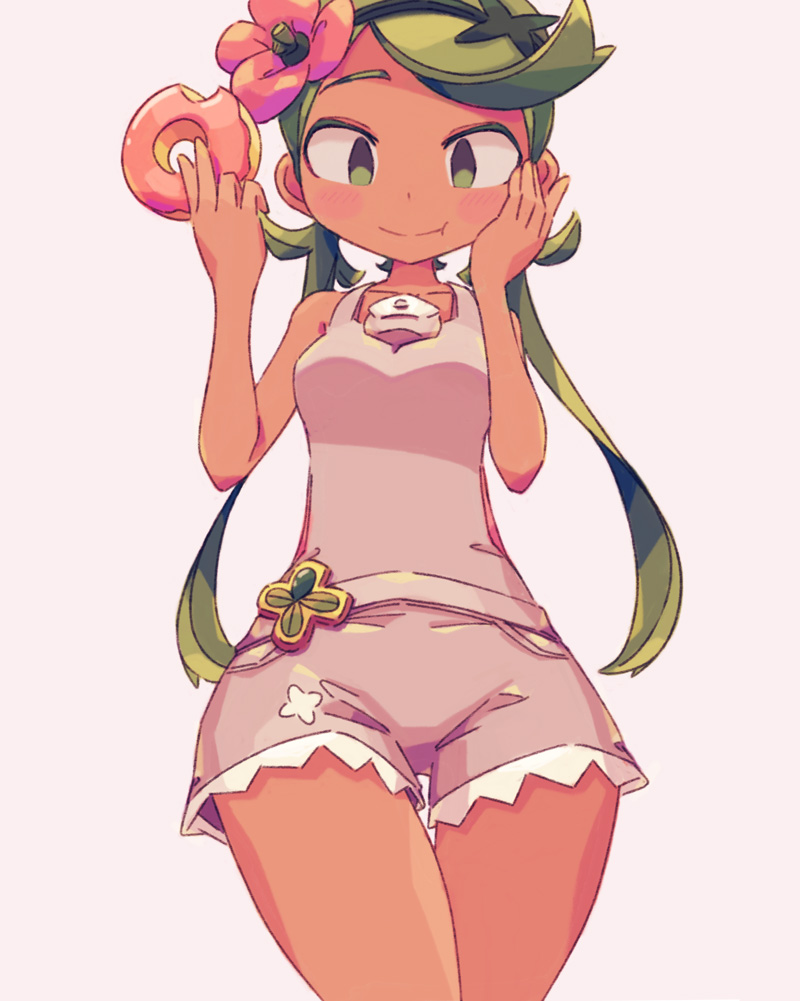 1girl :t allen_(makaroll) blush doughnut eating flower food green_eyes green_hair green_hairband hair_flower hair_ornament hairband long_hair mallow_(pokemon) pink_background pokemon pokemon_(game) pokemon_sm simple_background solo standing twintails