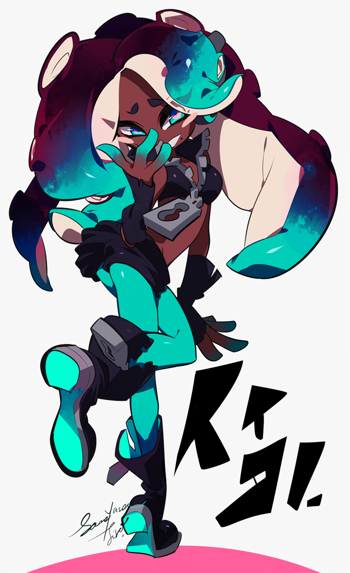 1girl :d aqua_eyes aqua_hair aqua_legwear aqua_nails boots crop_top crossover fingerless_gloves full_body gloves headphones iida_(splatoon) karabako long_hair looking_at_viewer midriff mole mole_under_mouth multicolored_hair nail_polish navel navel_piercing octarian open_mouth pantyhose piercing pink_pupils purple_hair shorts smile solo splatoon splatoon_2 tentacle_hair two-tone_hair zipper zipper_pull_tab