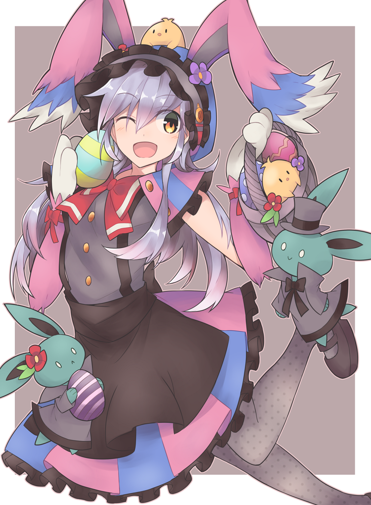 1girl ;d animal_ears animal_hood apron bangs bird blush bow bowtie bunny_hood chick dress easter easter_egg elbow_gloves eyebrows_visible_through_hair gloves grey_legwear long_hair looking_at_another mary_janes one_eye_closed open_mouth orange_eyes original pantyhose paw_gloves paws picnic_basket purple_hair rabbit rabbit_ears red_bow red_bowtie sasa_onigiri shoes smile solo waist_apron