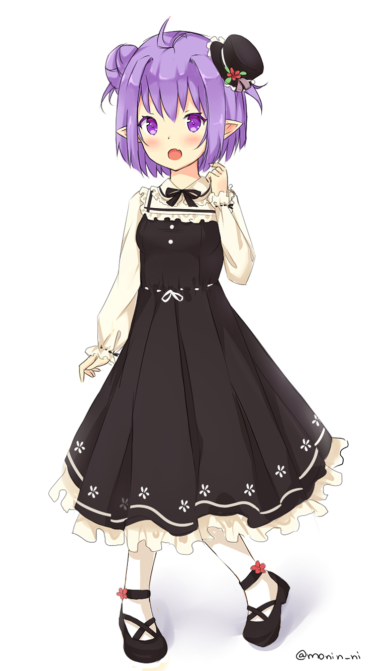 1girl :o ankle_flower artist_name black_bow black_dress black_hat black_shoes blush bow collar cross-laced_footwear double_bun dress fang flower frilled_collar frilled_dress frills full_body hair_between_eyes hat hat_flower highres long_sleeves looking_at_viewer mini_hat mini_top_hat mony open_mouth original pantyhose pointy_ears puffy_long_sleeves puffy_sleeves purple_hair ribbon-trimmed_sleeves ribbon_trim shirt shoes short_hair simple_background sleeveless sleeveless_dress sleeves_past_wrists solo top_hat violet_eyes white_background white_legwear white_shirt wing_collar