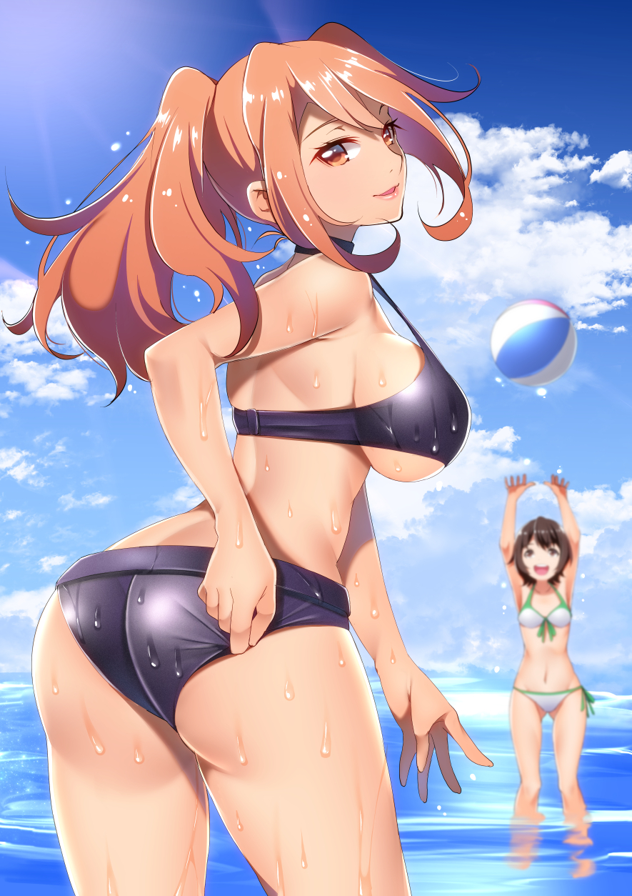 2girls adjusting_clothes adjusting_swimsuit armpits arms_up ass ball bare_shoulders beachball bikini blue_sky breasts brown_hair clouds collarbone commentary_request day highres large_breasts lipstick long_hair looking_at_viewer looking_back makeup multiple_girls navel open_mouth orange_eyes orange_hair outdoors parted_lips ponytail short_hair sideboob sky smile swimsuit under_boob water wet