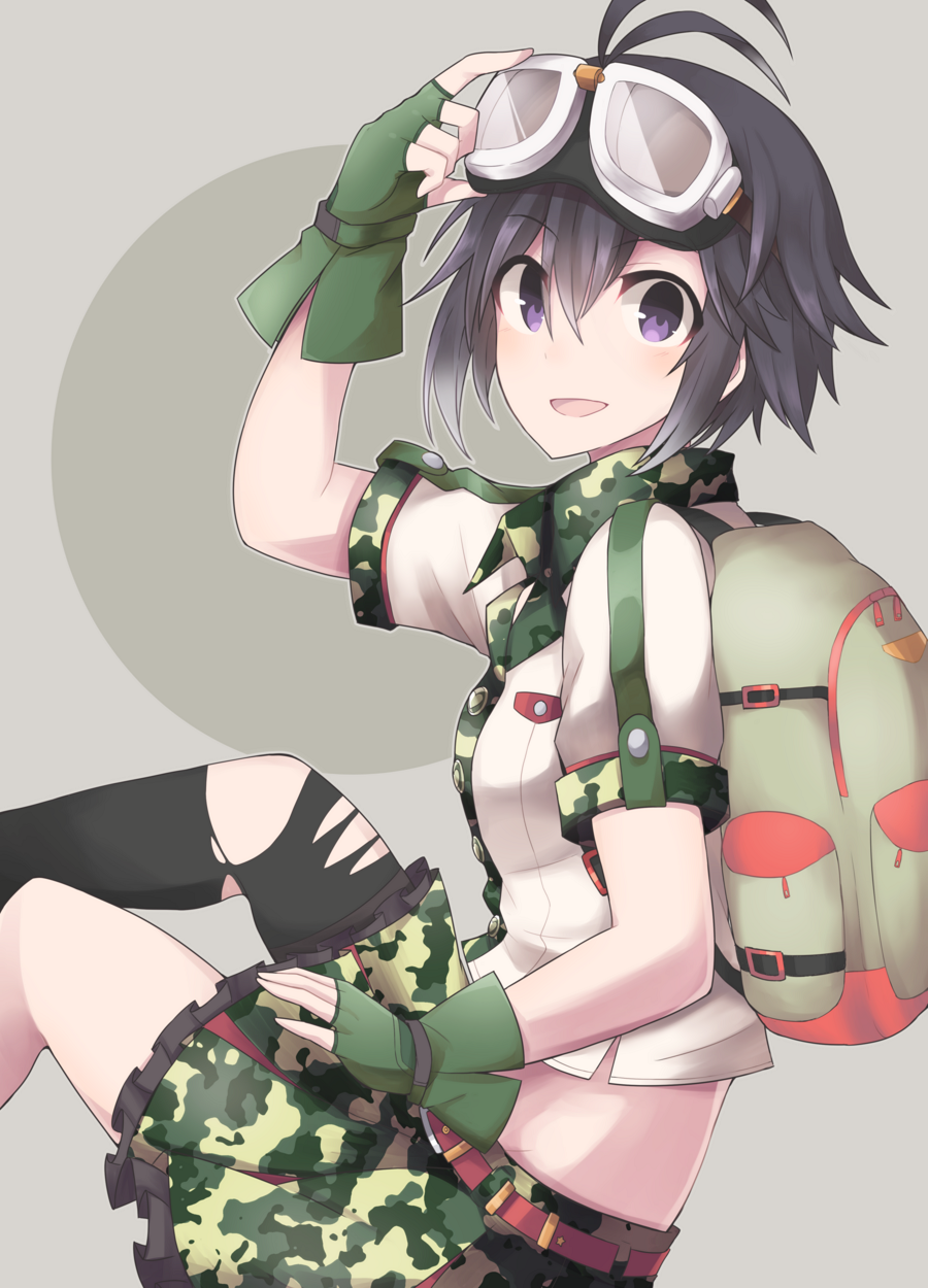 1girl adjusting_glasses antenna_hair backpack bag belt black_hair blush camouflage camouflage_shirt camouflage_skirt fingerless_gloves frilled_skirt frills from_side glasses gloves goggles goggles_on_head green_gloves hair_between_eyes highres idolmaster kikuchi_makoto looking_at_viewer looking_to_the_side pantyhose parted_lips sasa_onigiri short_hair short_sleeves skirt smile solo torn_clothes torn_pantyhose violet_eyes