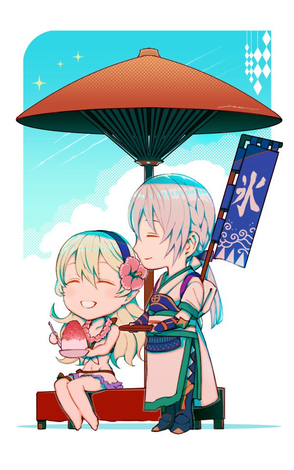 1boy 1girl amatari_sukuzakki bikini butler chibi closed_eyes female_my_unit_(fire_emblem_if) fire_emblem fire_emblem_heroes fire_emblem_if gloves grey_hair hairband joker_(fire_emblem_if) long_hair low_ponytail male_focus my_unit_(fire_emblem_if) open_mouth pointy_ears ponytail smile swimsuit white_hair