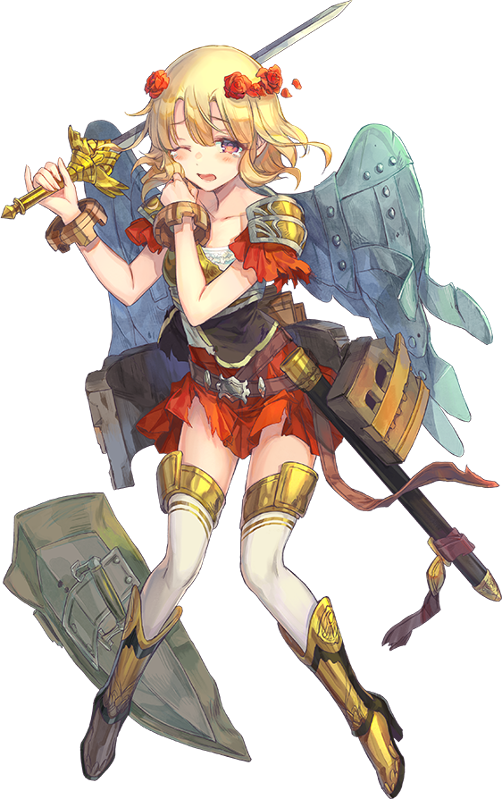 1girl ;o armor azutarou blonde_hair castel_sant'angelo_(oshiro_project) flower full_body hair_flower hair_ornament holding holding_shield holding_shoulder holding_sword holding_weapon official_art one_eye_closed oshiro_project oshiro_project_re red_eyes red_skirt shield skirt sword tearing_up thigh-highs torn_clothes torn_skirt transparent_background unsheathed wavy_hair weapon white_legwear wings