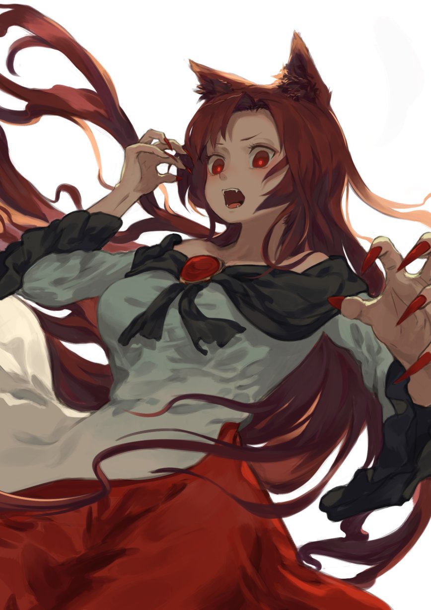 1girl animal_ears asymmetrical_bangs bangs berabou brooch dress fangs fingernails from_below glowing glowing_eyes highres imaizumi_kagerou jewelry long_fingernails long_hair looking_at_viewer nail_polish red_eyes red_nails redhead sharp_fingernails solo touhou white_background wolf_ears