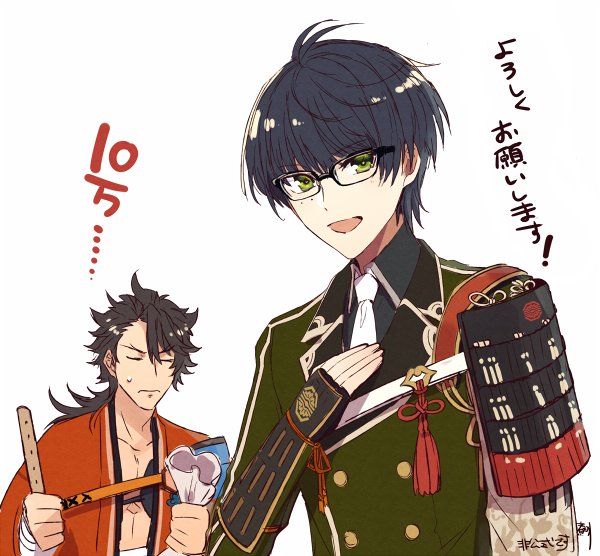 10s 2boys armor black_hair brown_hair clenched_hand glasses hand_on_own_chest japanese_armor japanese_clothes kotegiri_gou male_focus multiple_boys mutsu-no-kami_yoshiyuki nitaka_(fujikichi) sode touken_ranbu upper_body