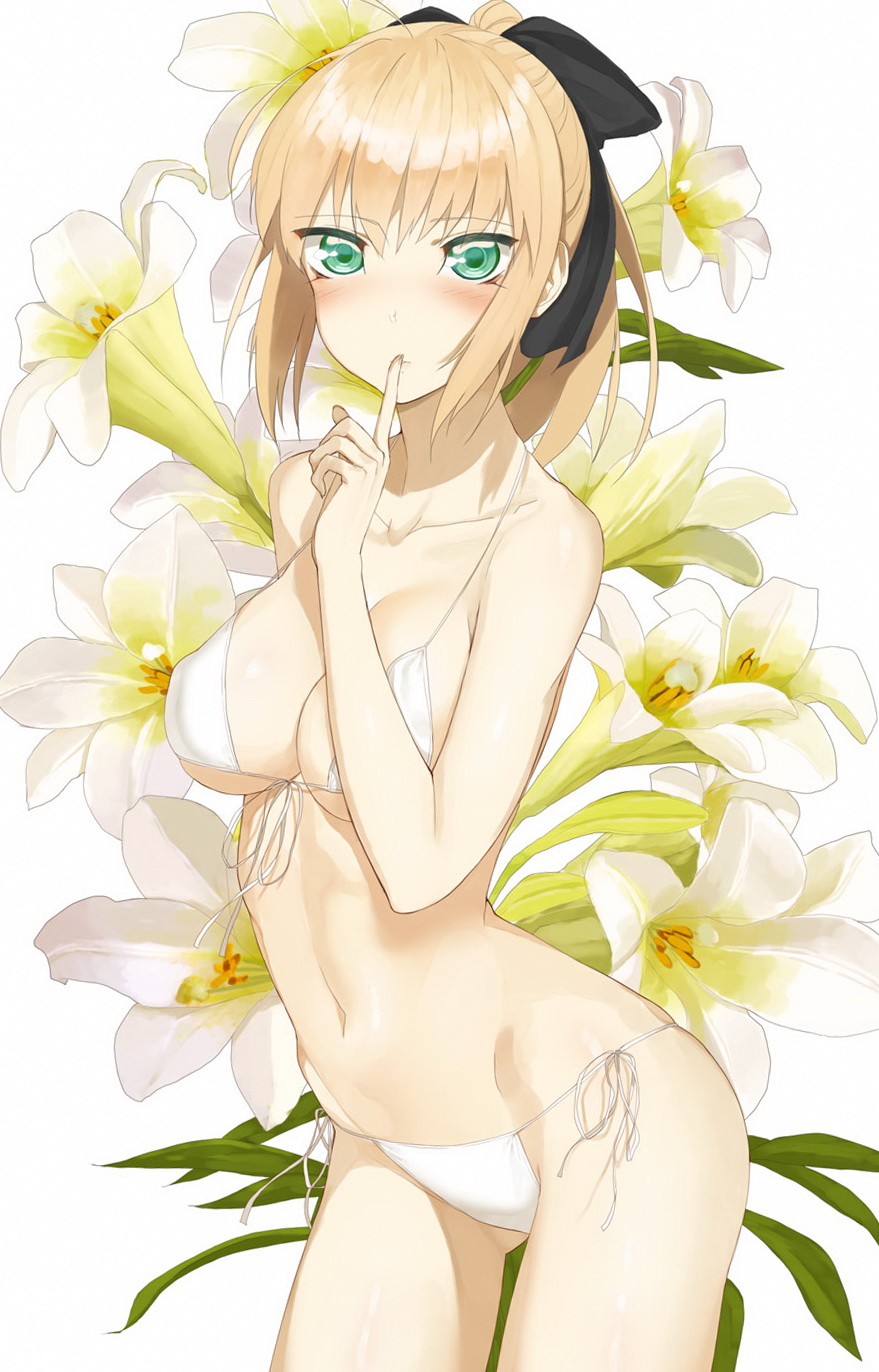 ahoge artoria_pendragon_(all) bare_shoulders bikini blonde_hair commentary_request fate/stay_night fate_(series) finger_to_mouth flower front-tie_bikini front-tie_top green_eyes hair_ribbon highres lily_(flower) navel ponytail ribbon saber_lily side-tie_bikini standing swimsuit throtem white_bikini