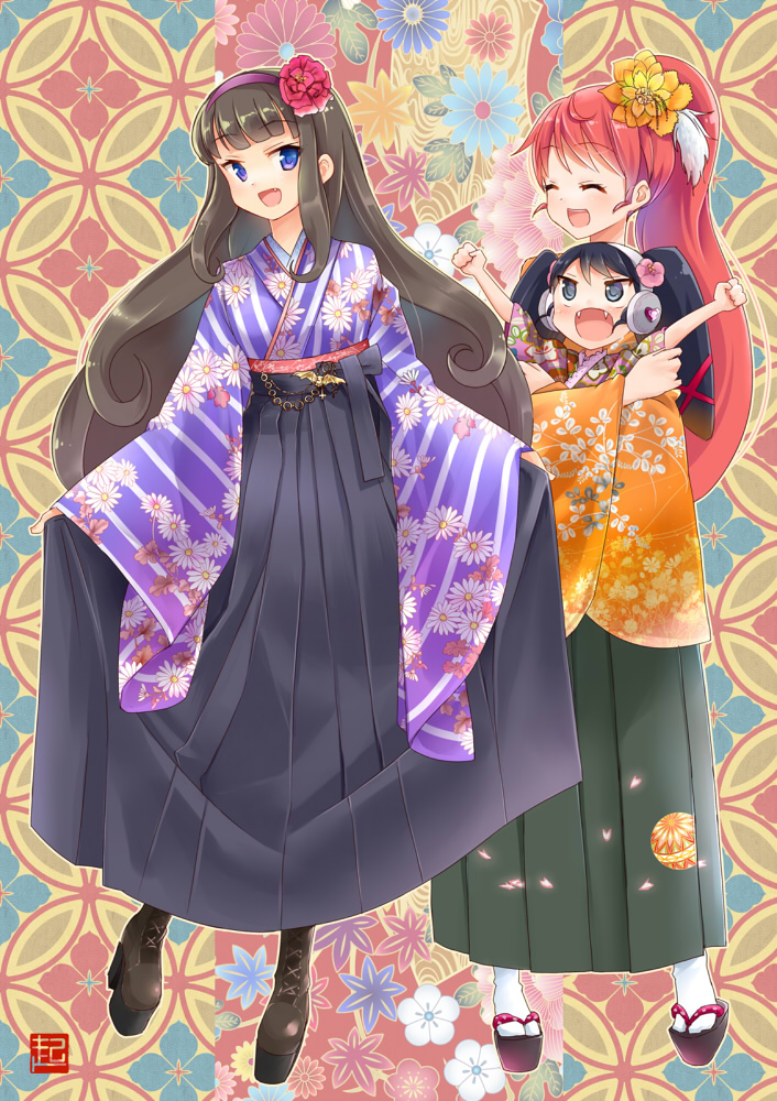 3girls :d ^_^ bangs black_hair black_hakama blue_eyes blunt_bangs blush boots brown_boots brown_hair cherry_blossom_print chibi clenched_hands closed_eyes commentary_request cross-laced_footwear eyebrows_visible_through_hair fang fangs floral_background floral_print flower full_body garuru_(pripara) hair_flower hair_ornament hairband hakama head_tilt headphones high_ponytail hug hug_from_behind japanese_clothes kimono kurosu_aroma long_hair looking_at_viewer multiple_girls new_year okiru open_mouth outstretched_arms paper_balloon_print platform_footwear pleated_skirt pripara redhead sandals shiratama_mikan skirt skirt_hold sleeves_past_wrists smile standing twintails very_long_hair violet_eyes white_legwear