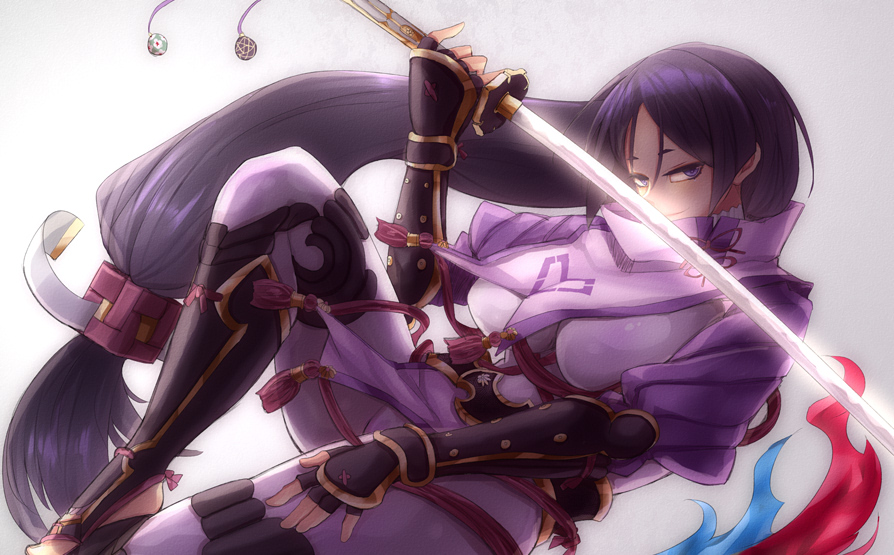 1girl armor blush bodysuit breasts fate/grand_order fate_(series) fingerless_gloves from_side gloves holding holding_sword holding_weapon japanese_armor katana kote large_breasts long_hair looking_at_viewer looking_to_the_side low-tied_long_hair minamoto_no_raikou_(fate/grand_order) purple_bodysuit purple_hair smile solo sword very_long_hair violet_eyes weapon yude