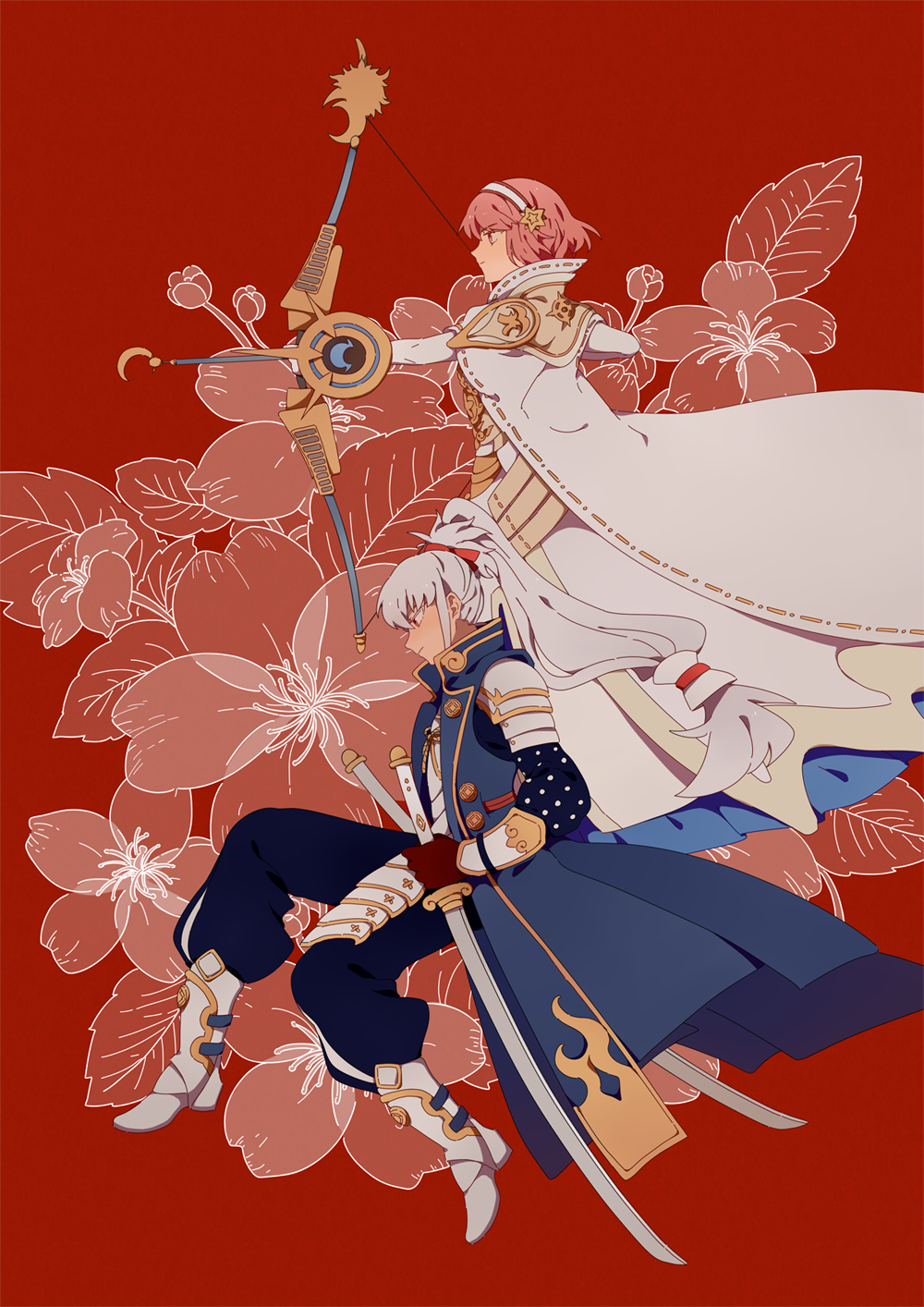 1boy 1girl arm_guards armor armored_boots boots bow brother_and_sister cloak coat expressionless fire_emblem fire_emblem_if full_body gloves grey_hair hairband highres japanese_armor japanese_clothes katana kmkr long_hair long_sleeves pants pink_eyes pink_hair ponytail profile red_background red_eyes sakura_(fire_emblem_if) scabbard sheath sheathed short_hair siblings sword takumi_(fire_emblem_if) weapon