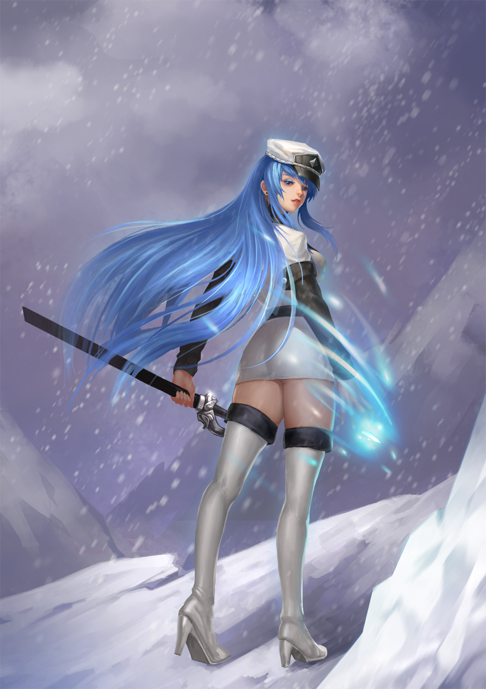 1girl akame_ga_kill! ass blue_eyes blue_hair boots esdeath from_behind full_body hat high_heel_boots high_heels highres holding holding_sword holding_weapon hq19910119 long_hair long_sleeves looking_at_viewer looking_back military military_uniform outdoors parted_lips peaked_cap sidelocks snowing solo standing sword thigh-highs thigh_boots uniform very_long_hair weapon