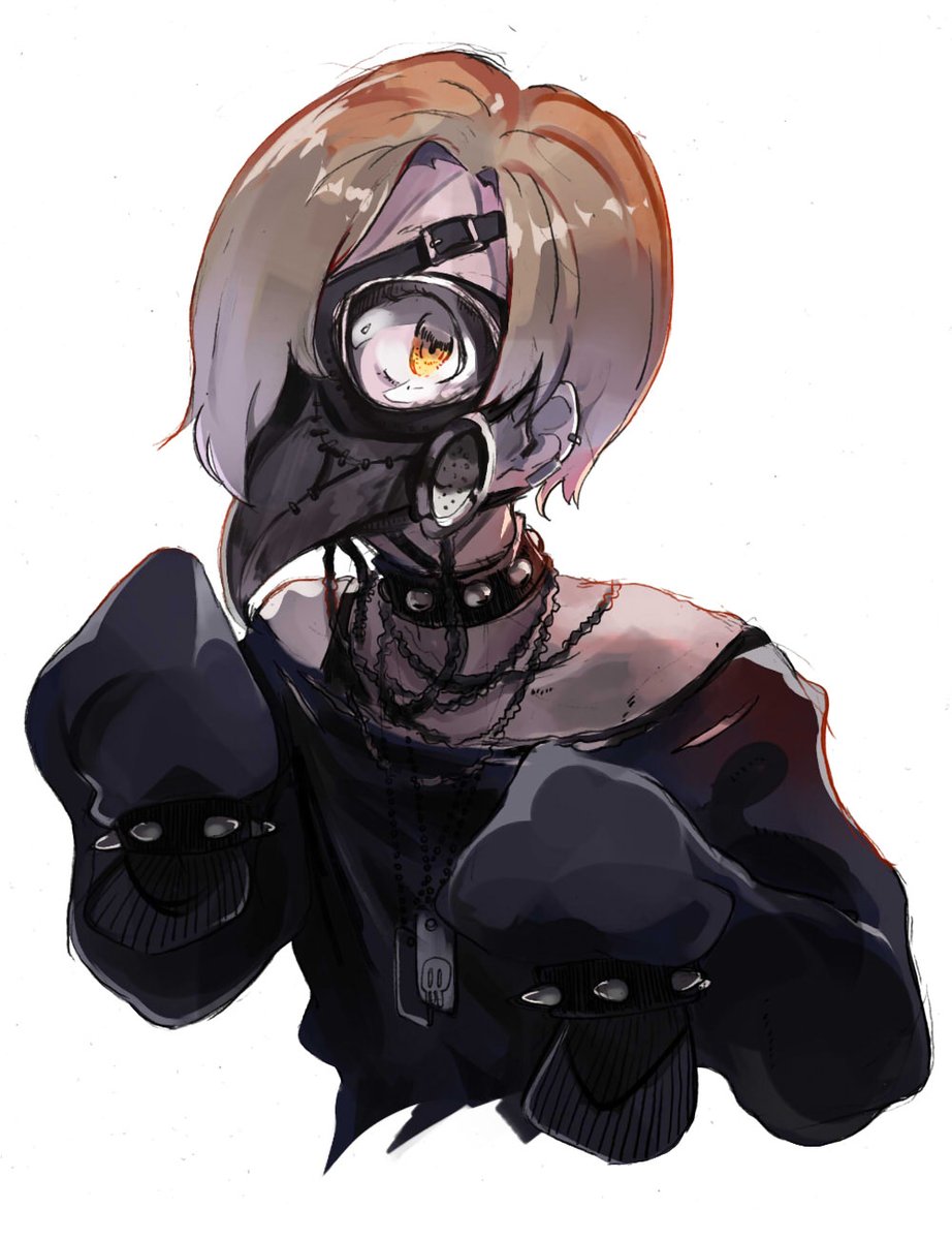 10s 1girl blonde_hair bracelet brown_eyes chains code-aa collar dog_tags hair_over_one_eye highres idolmaster idolmaster_cinderella_girls jewelry looking_at_viewer plague_doctor_mask shirasaka_koume short_hair sleeves_past_wrists solo spiked_bracelet spikes upper_body white_background