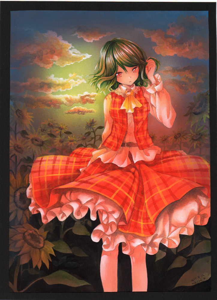 1girl acrylic_paint_(medium) arm_at_side belt black_border border clouds cowboy_shot cravat expressionless field flower flower_field frilled_skirt frills green_hair hand_in_hair head_tilt holding holding_hair kazami_yuuka long_sleeves looking_at_viewer mosho open_clothes open_vest outdoors plaid plaid_skirt plaid_vest red_eyes shirt short_hair skirt solo standing sunflower touhou traditional_media untucked_shirt vest watercolor_(medium) white_shirt wind
