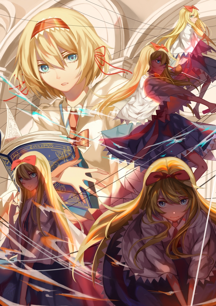 1girl alice_margatroid blonde_hair blue_dress blue_eyes book bow capelet dress hair_between_eyes hair_bow hairband lolita_hairband long_hair looking_at_viewer open_book parted_lips puppet_strings red_bow sash shanghai_doll short_hair solo touhou upper_body ze_xia