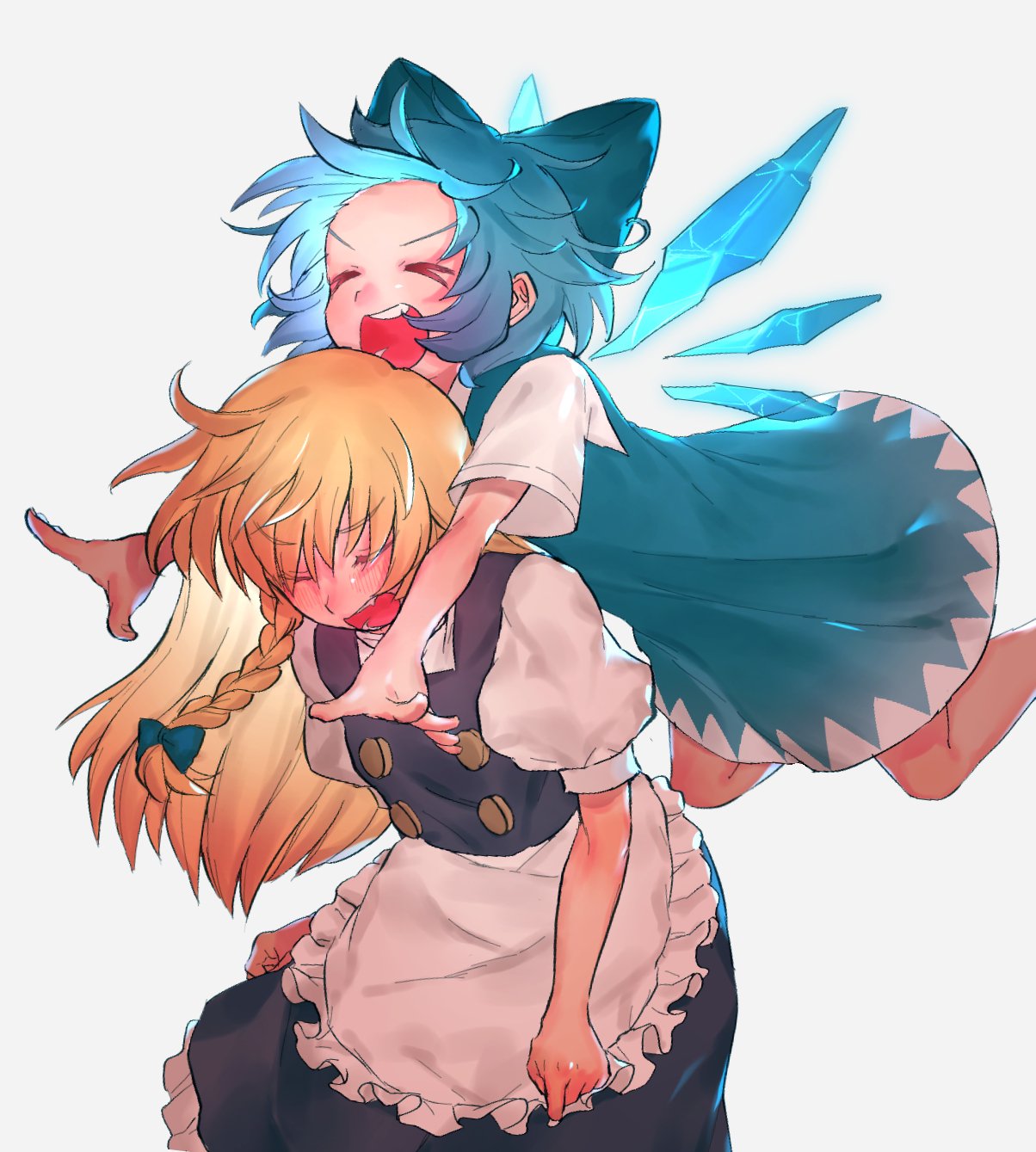 &gt;_&lt; 2girls :d apron black_skirt blonde_hair blue_bow blue_dress blue_hair blush bow braid buttons cirno dress forehead hair_bow highres ice ice_wings kirisame_marisa long_hair masanaga_(tsukasa) multiple_girls open_mouth puffy_short_sleeves puffy_sleeves short_dress short_hair short_sleeves side_braid simple_background skirt skirt_set smile touhou vest waist_apron wings xd