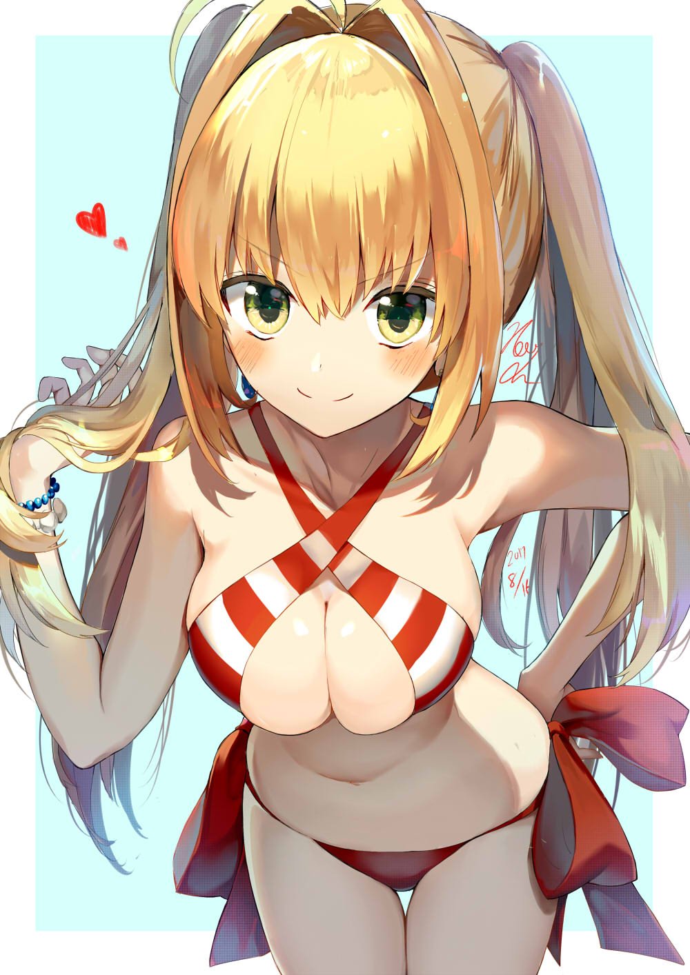 1girl 2017 ahoge bikini blonde_hair blue_background blush bracelet breasts cleavage closed_mouth dated earrings fate/grand_order fate_(series) green_eyes hand_on_hip heart highres jewelry kouyafu long_hair looking_at_viewer medium_breasts nero_claudius_(swimsuit_caster)_(fate) saber_extra side-tie_bikini signature smile solo standing striped striped_bikini swimsuit twintails