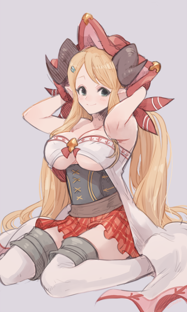1girl blonde_hair blue_eyes breasts colored doraf granblue_fantasy gucha_(netsu) hallessena horns large_breasts long_hair low_twintails over-kneehighs plaid plaid_skirt pointy_ears sidelocks simple_background sitting skirt smile solo thigh-highs twintails