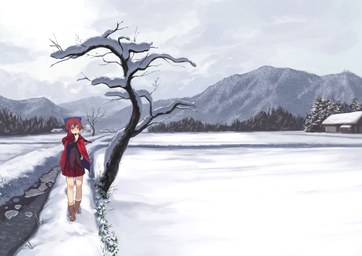 1girl adjusting_scarf bangs bare_tree berabou boots bow breath cape grey_sky hair_bow hand_on_hip mountain pine_tree red_eyes red_scarf redhead scarf scenery sekibanki short_hair snow solo touhou tree walking winter