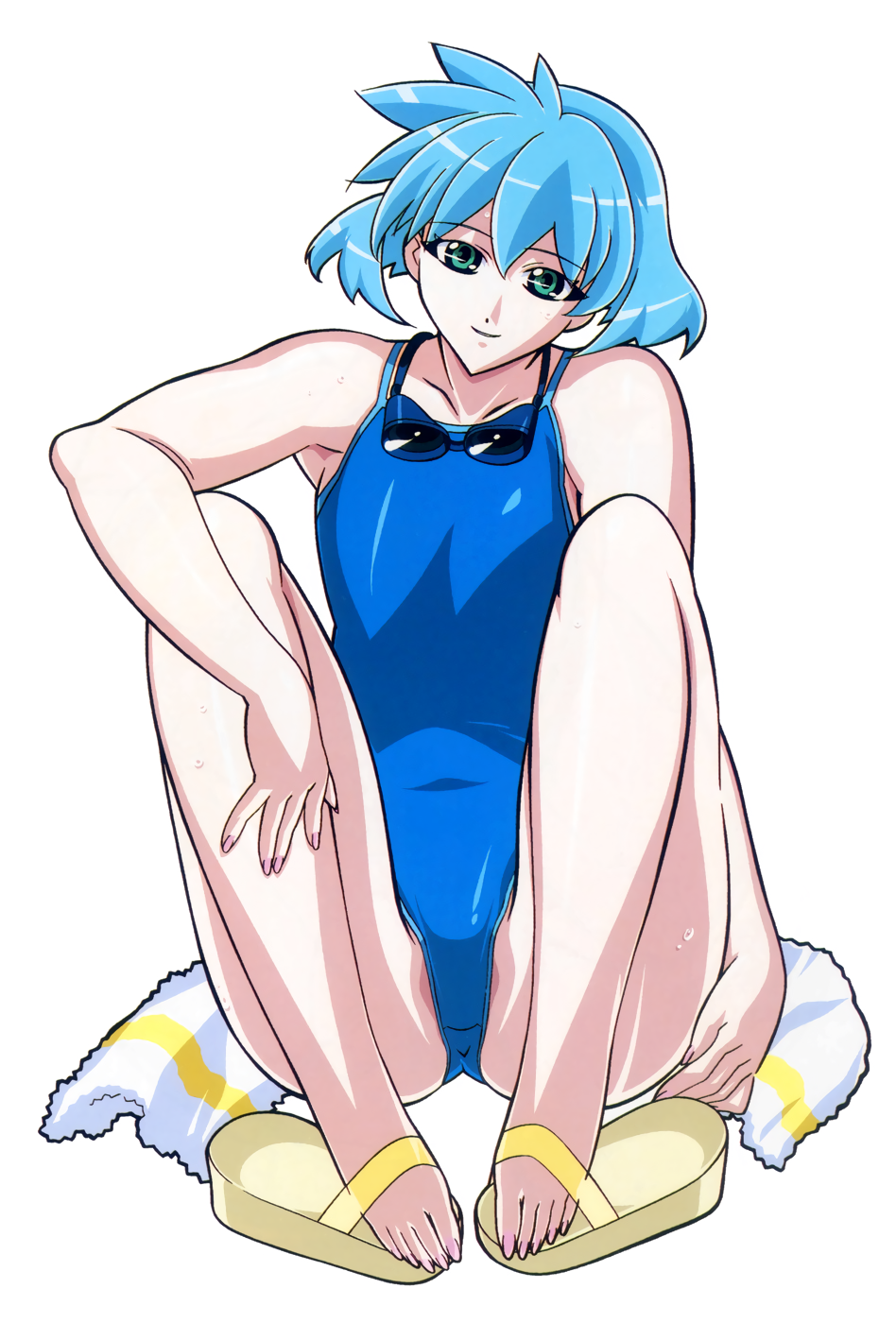 1girl blue_hair blue_swimsuit competition_swimsuit full_body goggles goggles_around_neck green_eyes hand_on_leg highres kuroda_kazuya legs_folded looking_at_viewer meia_gisborn nail_polish official_art one-piece_swimsuit sandals short_hair simple_background smile solo swimsuit toenail_polish towel vandread wet white_background