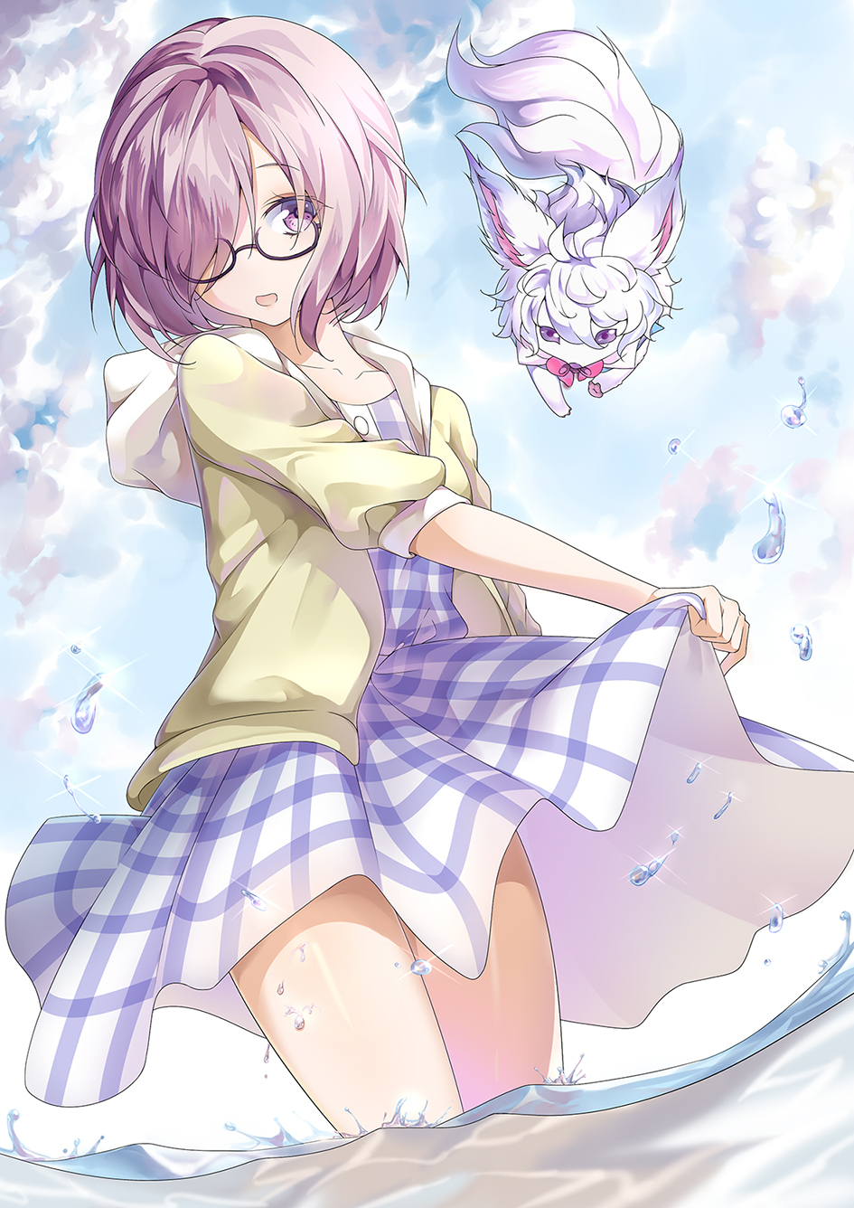 1girl bow canegouzi clouds day dress fate/grand_order fate_(series) fou_(fate/grand_order) glasses hair_over_one_eye highres hood hoodie open_mouth outdoors plaid plaid_dress purple_hair semi-rimless_glasses shielder_(fate/grand_order) short_hair sky solo splashing sundress under-rim_glasses violet_eyes wading water water_drop