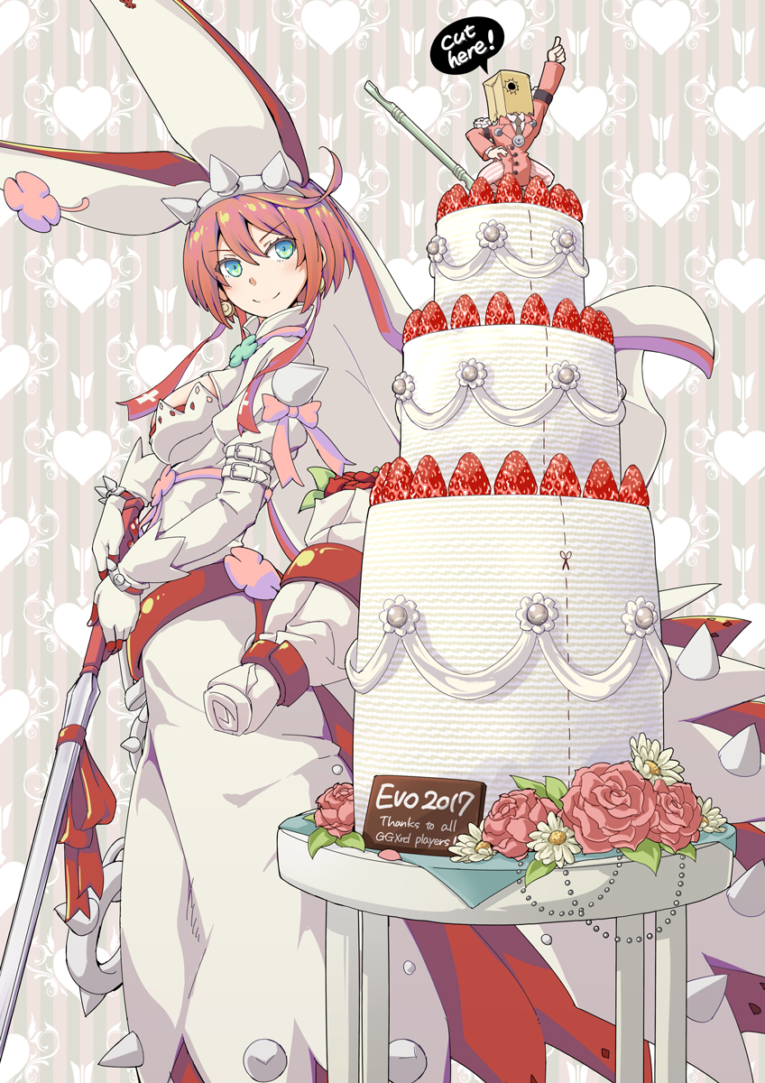 1boy 1girl aka_ringo arm_up bag bag_on_head bangs blue_eyes bob_cut breasts closed_mouth crown dotted_line dress elphelt_valentine english eyebrows_visible_through_hair faust_(guilty_gear) flower food fruit gloves guilty_gear guilty_gear_xrd gun hair_between_eyes hand_on_hip heart heart_background highres holding holding_gun holding_weapon index_finger_raised layer_cake looking_at_viewer medium_breasts paper_bag pink_hair pink_rose pointing pointing_up rose short_hair shotgun smile solo_focus speech_bubble squatting standing strawberry striped table tsurime veil vertical-striped_background vertical_stripes weapon white_dress white_gloves