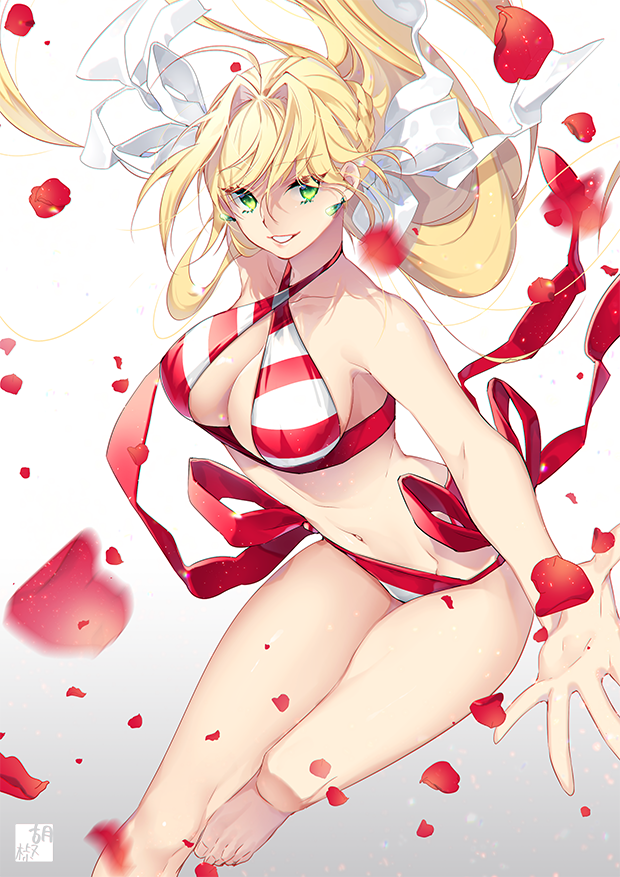 1girl ahoge barefoot bikini blonde_hair braid breasts cleavage earrings fate/grand_order fate_(series) floating_hair green_eyes hair_between_eyes hair_intakes hair_ribbon halterneck jewelry long_hair looking_at_viewer medium_breasts navel nero_claudius_(swimsuit_caster)_(fate) outstretched_arm parted_lips pepper_fever petals ribbon side-tie_bikini smile solo striped striped_bikini swimsuit twintails very_long_hair white_ribbon wind