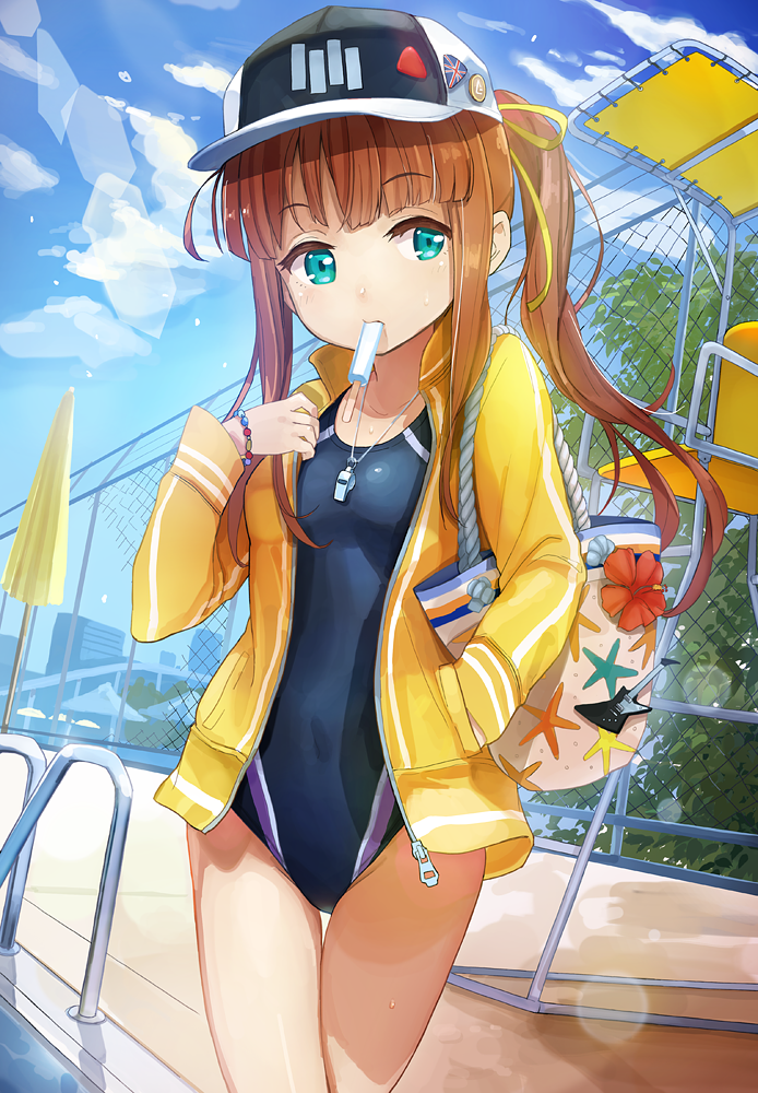 1girl bag baseball_cap brown_hair cap chain-link_fence clouds competition_swimsuit cowboy_shot electric_guitar fence food green_eyes guitar hat jacket lens_flare lifeguard_chair looking_at_viewer mouth_hold nisimy one-piece_swimsuit original ponytail pool pool_ladder poolside popsicle sky solo swimsuit union_jack whistle yellow_jacket