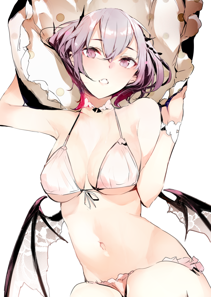 1girl bare_arms bare_shoulders bat_wings bikini breasts cleavage commentary_request fang front-tie_top gradient_hair hair_between_eyes halter_top halterneck highres looking_at_viewer medium_breasts multicolored_hair navel original pink_hair purple_hair shunsei_(muratou) simple_background solo stomach string_bikini swimsuit violet_eyes white_background white_bikini wings