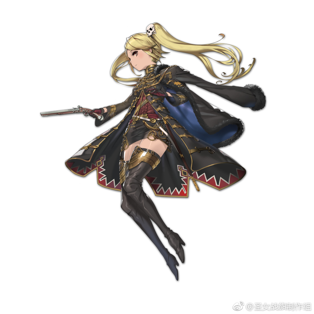 1girl aiguillette antique_firearm artist_request bangs belt blonde_hair boots breasts brown_eyes faulds firearm firelock flintlock full_body fur_trim gloves gun hair_ornament handgun high_heel_boots high_heels jacket_on_shoulders long_hair medium_breasts parted_bangs pencil_skirt pistol simple_background skirt skull_hair_ornament solo sword thigh-highs thigh_boots twintails very_long_hair watermark weapon white_background zettai_ryouiki