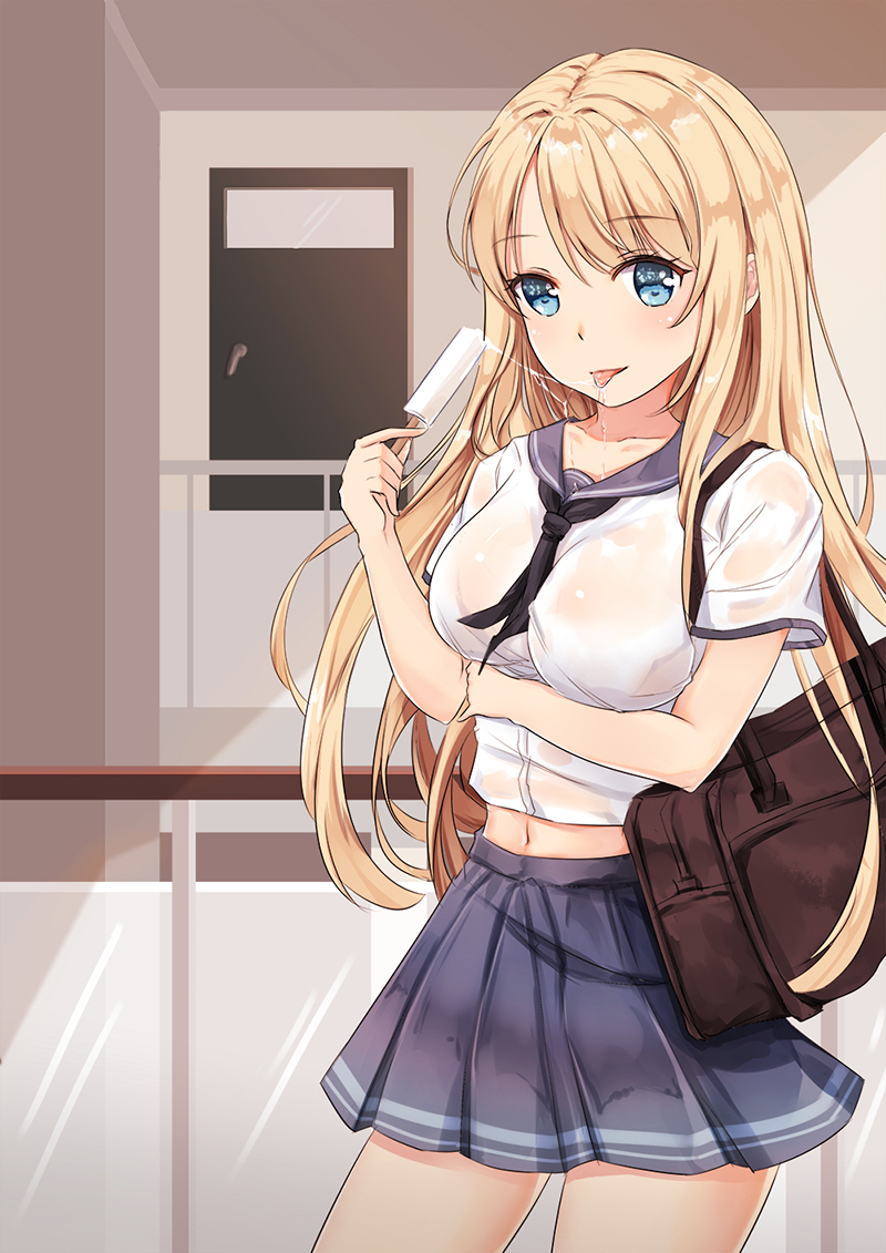 1girl bag black_neckerchief blonde_hair blue_eyes blue_skirt blush breasts cleavage collarbone duffel_bag eyebrows_visible_through_hair food large_breasts long_hair looking_at_viewer navel neckerchief original parted_lips popsicle saliva school_uniform serafuku shirt skirt smile solo tongue tongue_out tuzi uniform wet wet_clothes wet_shirt