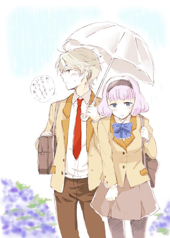 1boy 1girl aldnoah.zero alternate_costume bag bangs blazer blonde_hair blue_bow blue_eyes blunt_bangs blush bob_cut bow chaos_xxx hairband holding holding_umbrella jacket lemrina_vers_envers looking_away necktie outdoors pantyhose purple_hair rain red_necktie school_bag school_uniform short_hair skirt skirt_hold slaine_troyard sweatdrop thought_bubble translation_request umbrella uniform