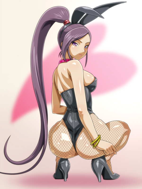 1girl animal_ears ass black_leotard black_shoes bracelet breasts bunnysuit dragon_quest dragon_quest_xi fishnet_pantyhose fishnets from_behind high_heels jewelry large_breasts leotard long_hair looking_at_viewer looking_back martina_(dragon_quest_xi) monteri pantyhose ponytail purple_hair rabbit_ears shoes solo squatting strapless strapless_leotard violet_eyes