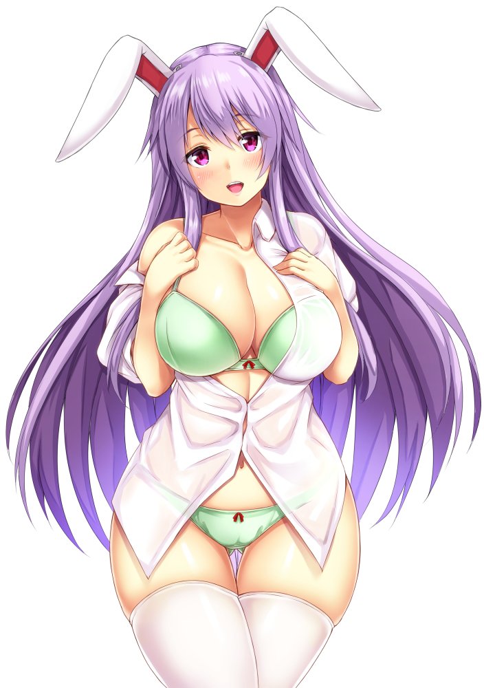 1girl animal_ears blush bow bow_bra bow_panties bra breasts buttons cleavage curvy dress_shirt ebi_193 gluteal_fold green_bra green_panties huge_breasts long_hair looking_at_viewer off_shoulder open_mouth panties pink_eyes purple_hair rabbit_ears red_bow reisen_udongein_inaba shirt short_sleeves simple_background skindentation smile solo thigh-highs touhou underwear white_background white_legwear white_shirt wide_hips wing_collar