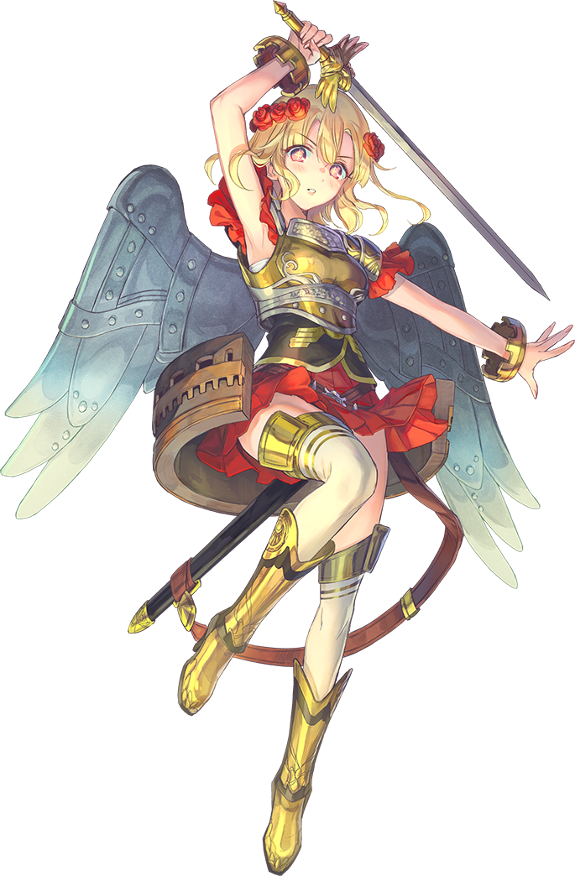 1girl armor azutarou blonde_hair castel_sant'angelo_(oshiro_project) dutch_angle flower full_body hair_flower hair_ornament holding holding_sword holding_weapon looking_down official_art oshiro_project oshiro_project_re pleated_skirt red_eyes red_skirt skirt sword thigh-highs transparent_background unsheathed wavy_hair weapon white_legwear wings