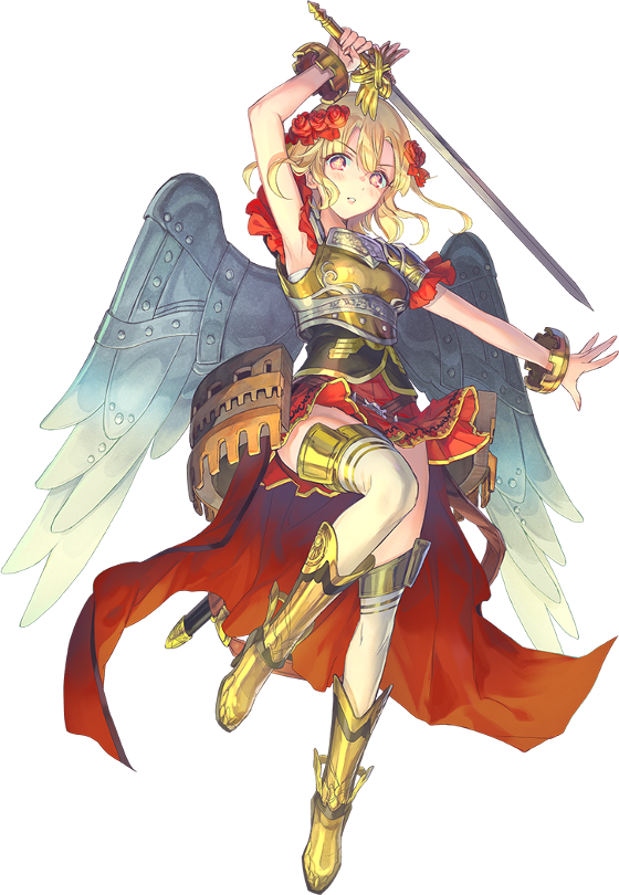 1girl armor azutarou blonde_hair castel_sant'angelo_(oshiro_project) dutch_angle flower full_body hair_flower hair_ornament holding holding_sword holding_weapon looking_down official_art oshiro_project oshiro_project_re pleated_skirt red_eyes red_skirt skirt sword thigh-highs transparent_background unsheathed wavy_hair weapon white_legwear wings