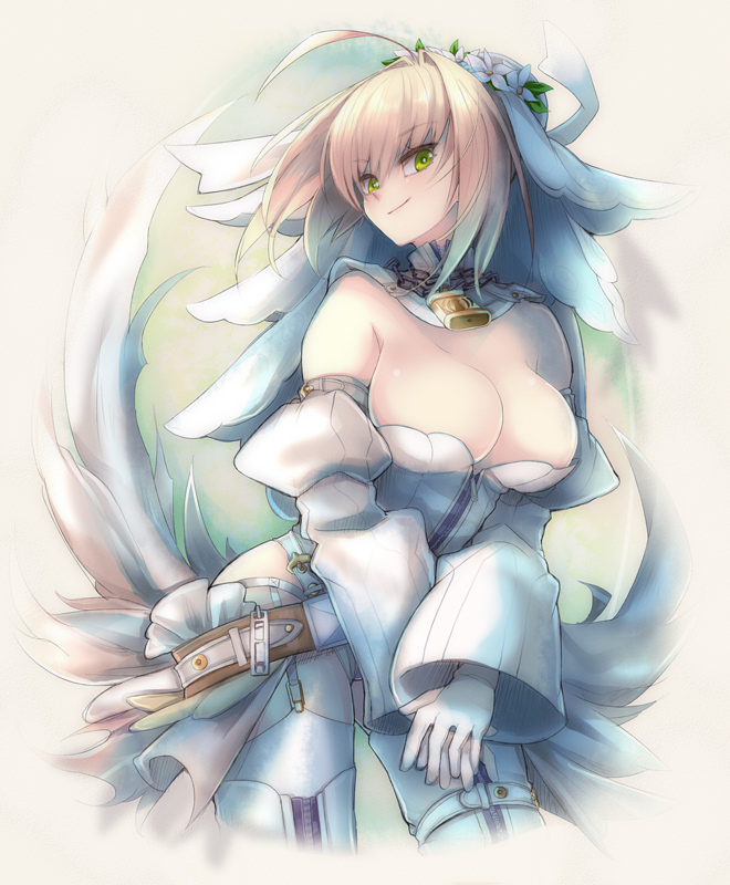&gt;:) 1girl ahoge bangs beltskirt blonde_hair blush breasts chains cleavage cowboy_shot detached_sleeves eyebrows_visible_through_hair fate/extra fate/extra_ccc fate_(series) garter_straps gloves green_eyes large_breasts leotard lock long_sleeves looking_at_viewer padlock saber_bride saber_extra smile solo thigh-highs v_arms veil white_gloves white_legwear white_leotard yude zipper