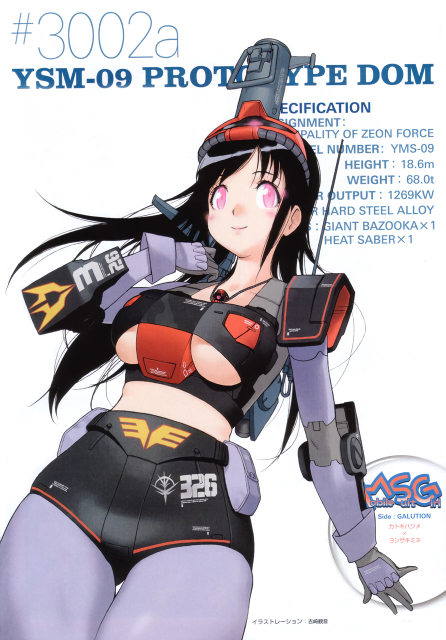 1girl black_hair blush breasts cannon dom gun gundam highres jewelry long_hair measurements mecha_musume mobile_suit_gundam necklace pantyhose personification pink_eyes simple_background smile solo stats under_boob weapon white_background yoshizaki_mine