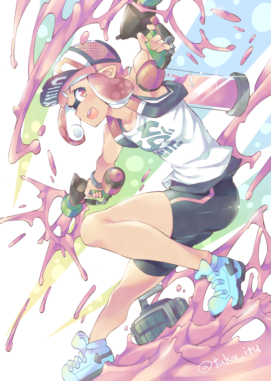 1girl bangs bike_shorts black_shorts blue_shoes blunt_bangs curling_bomb_(splatoon) domino_mask dual_wielding fangs from_side full_body hat highres ink_tank_(splatoon) inkling inkling_(language) kneeling looking_at_viewer mask nib_pen_(medium) paint_splatter pointy_ears print_hat print_shirt shirt shoes short_hair shorts single_vertical_stripe sleeveless sleeveless_shirt sliding solo splat_dualies_(splatoon) splatoon splatoon_2 standing takano_itsuki tan tentacle_hair traditional_media twitter_username white_shirt