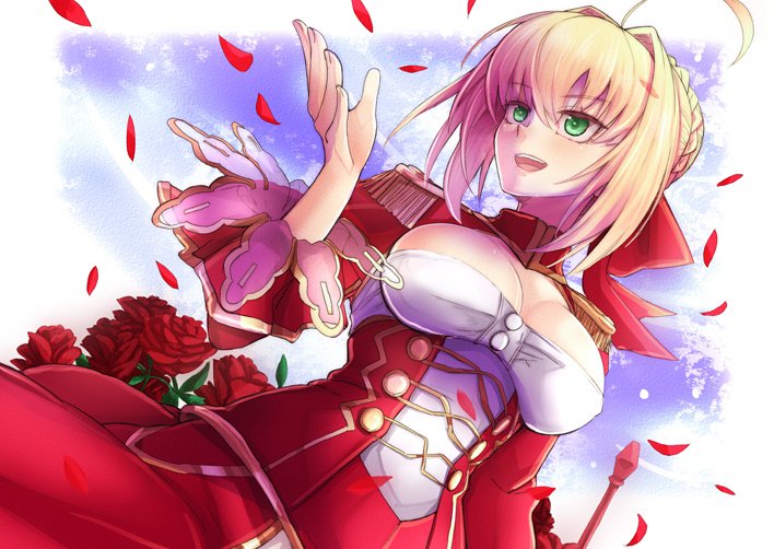 1girl :d ahoge bangs blonde_hair blush breasts cleavage dress epaulettes fate/extra fate_(series) flower green_eyes hair_intakes looking_away open_mouth petals red_dress red_rose rose rose_petals saber_extra smile solo upper_body yude