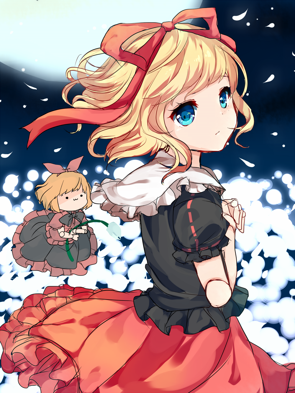 1girl bangs black_bow black_bowtie blonde_hair blue_eyes bow bowtie closed_mouth doll doll_joints eyebrows_visible_through_hair from_side hair_bow hair_ribbon highres karasusou_nano looking_at_viewer medicine_melancholy nyoro~n red_bow red_ribbon red_skirt ribbon short_hair short_sleeves skirt su-san touhou