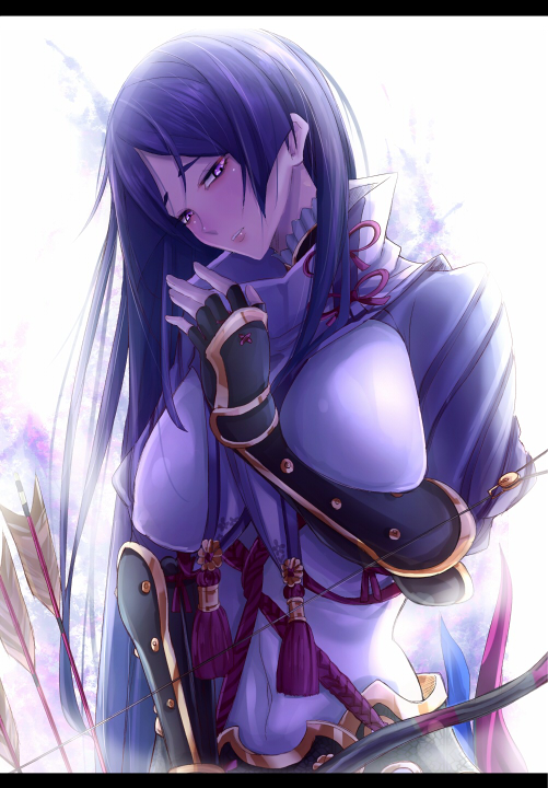 1girl armor arrow blue_bodysuit bodysuit bow_(weapon) breasts covered_navel fate/grand_order fate_(series) fingerless_gloves gloves japanese_armor large_breasts letterboxed long_hair looking_at_viewer minamoto_no_raikou_(fate/grand_order) parted_lips purple_hair solo upper_body very_long_hair violet_eyes weapon yude