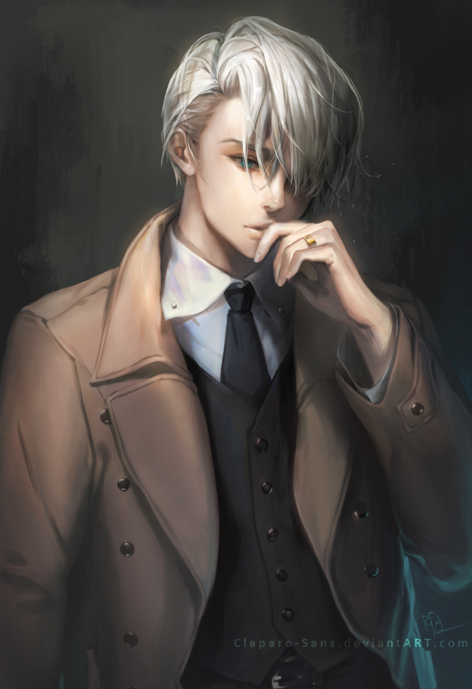 1boy blue_eyes coat formal grey_hair hair_over_one_eye hand_to_own_mouth jewelry necktie phong_anh ring signature solo suit viktor_nikiforov watermark web_address yuri!!!_on_ice