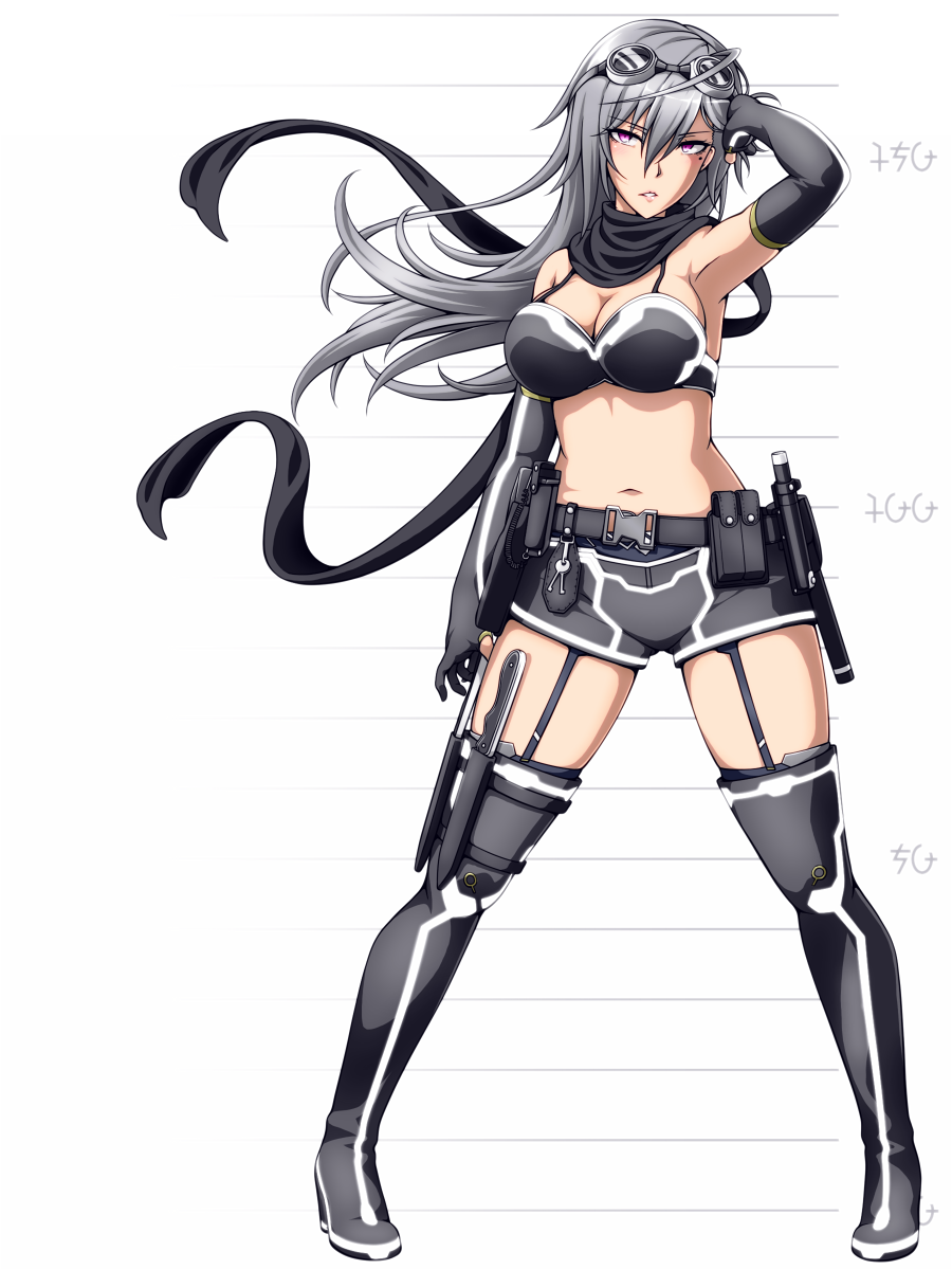 1girl adjusting_hair armpits bakuchiku bare_shoulders belt blush boots bra breasts cleavage elbow_gloves eyebrows eyebrows_visible_through_hair full_body garter_straps gloves goggles goggles_on_head grey_boots grey_bra grey_gloves grey_scarf hair_between_eyes hand_up height_difference highres holding holding_knife holding_weapon knife large_breasts long_hair looking_at_viewer mole mole_under_eye mugshot navel original parted_lips phantasy_star phantasy_star_online_2 scarf shoes shorts silver_hair simple_background solo standing teeth thigh-highs thigh_boots underwear violet_eyes weapon white_background