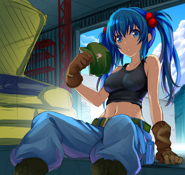 1girl alternate_hair_length alternate_hairstyle arm_support bangs bare_arms bare_shoulders belt black_boots blue_eyes blue_hair blue_pants blush boots breasts brown_gloves clouds collarbone commentary_request cross-laced_footwear day garage gloves hair_bobbles hair_ornament hat hat_removed headwear_removed hijikawa_arashi kawashiro_nitori lace-up_boots long_hair looking_at_viewer medium_breasts midriff navel pants parted_lips pocket sidelocks sitting solo stomach sweat tank_top touhou twintails