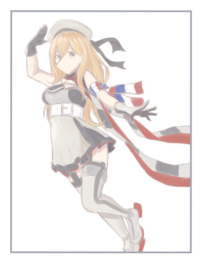 10s 1girl armband bare_shoulders belt blonde_hair breasts dress garter_straps gloves hair_between_eyes hand_up hat kantai_collection long_hair looking_at_viewer richelieu_(kantai_collection) rudder_shoes sketch sleeveless smile solo strapless strapless_dress thigh-highs tiasis wavy_hair